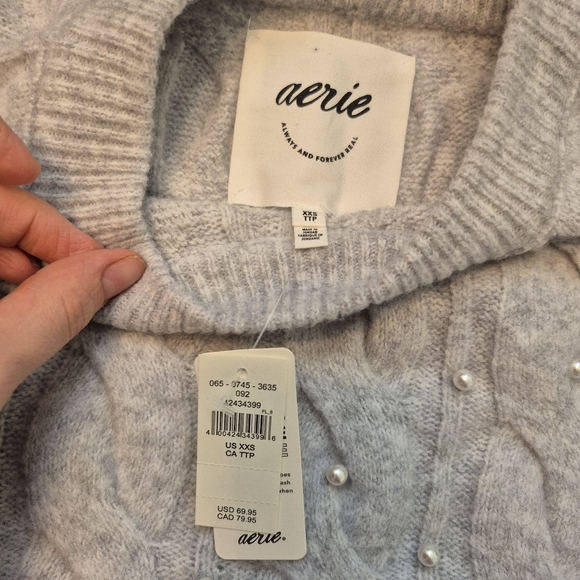 NWT Aerie Women's Grey UnReal Cable Knit Pearl Crewneck Sweater Size XXS-XL - Picture 5 of 6